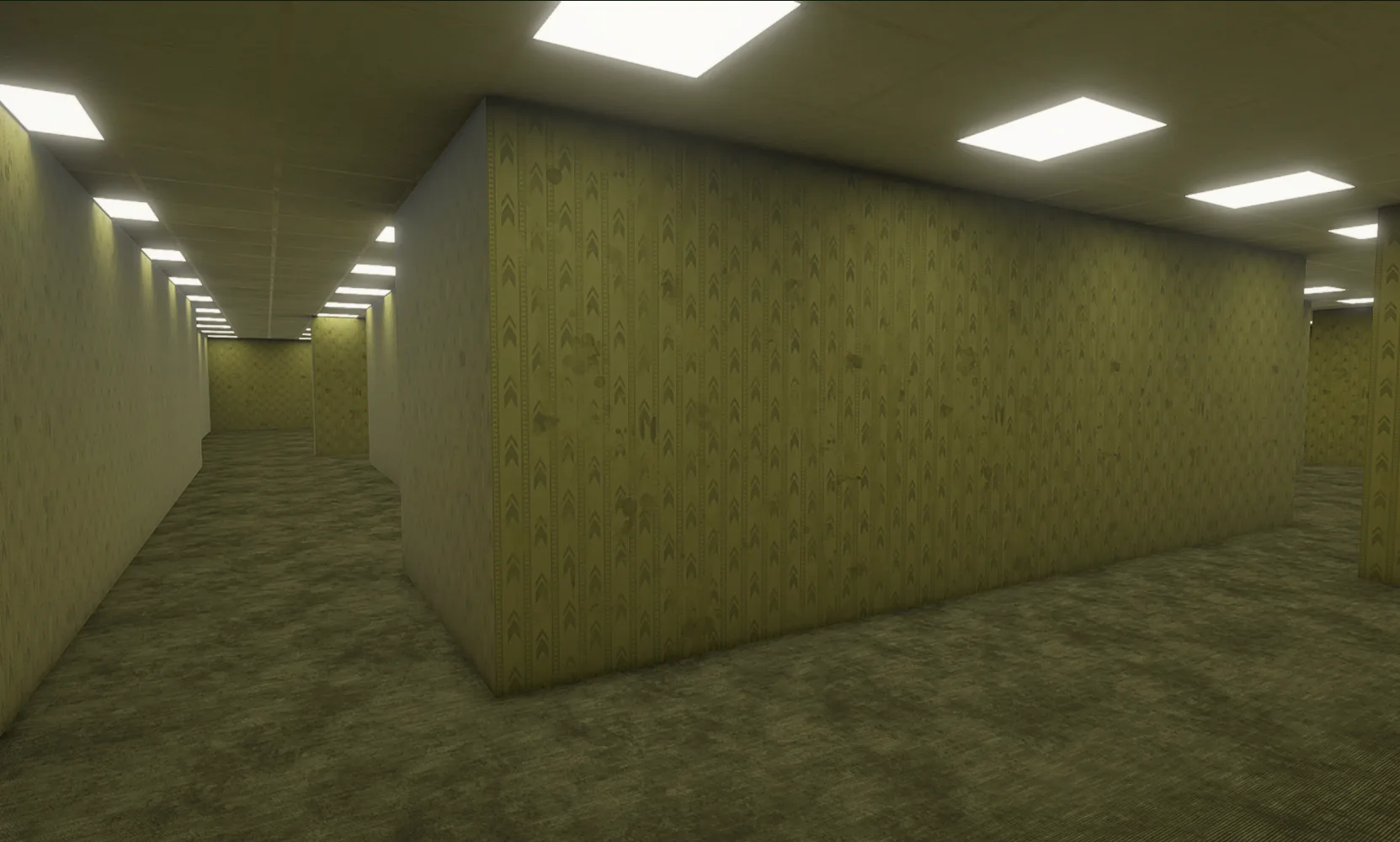 Backrooms corner with a long corridor of ceiling lights