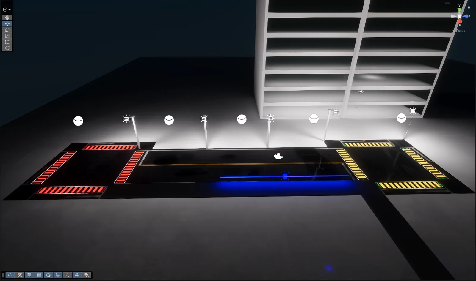 Early blockout of the street block in the Unity scene view with light gizmos